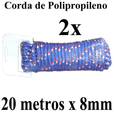 2 Cordas de Polipropileno 20 metros x 8mm Azul Multiuso PP Multifilamento Trançada para amarrações em geral