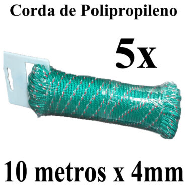 5 Cordas de Polipropileno 10 metros x 4mm Verde Multiuso PP Multifilamento Trançada para amarrações em geral