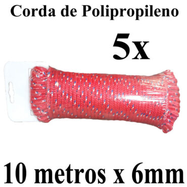 5 Cordas de Polipropileno 10 metros x 6mm Vermelha Multiuso PP Multifilamento Trançada para amarrações em geral