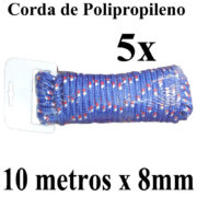 5 Cordas de Polipropileno 10 metros x 8mm Azul Multiuso PP Multifilamento Trançada para amarrações em geral
