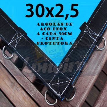 Lona: 30,0 x 2,5m Azul 350 Micras Impermeável com Argolas "D" INOX a cada 50cm e cinta de reforço