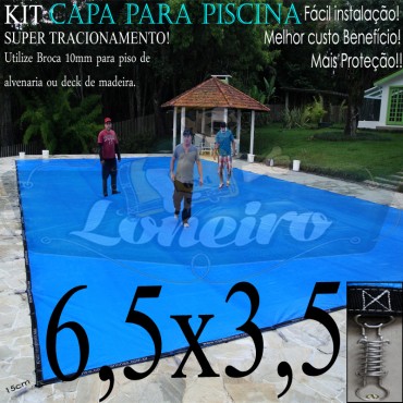Capa para Piscina Super 6,5 x 3,5m Azul/Cinza PP/PE Lona Térmica e de Segurança Premium +52m+52p+3b