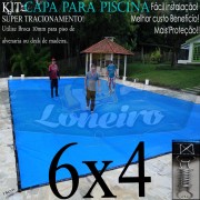 Capa para Piscina Super 6,0 x 4,0m Azul/Cinza PP/PE Lona Térmica Segurança Premium +52m+52p+3b