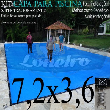 Capa para Piscina Super 7,2 x 3,6m Azul/Cinza PP/PE Lona Térmica Premium +56m+56p+3b