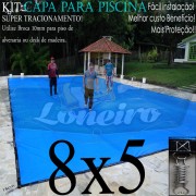 Capa para Piscina Super 8,0 x 5,0m Azul/Cinza PP/PE Lona Térmica Premium +64m+64p+3b