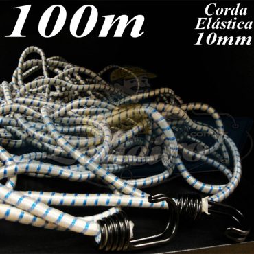 Corda Elástica de Borracha: 100 metros x 10mm Azul / Branco com terminal gancho cabeça dupla cor preto bicromatizado nas duas pontas