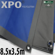 Lona 8,5 x 3,5m Loneiro Xtreme XPO Poliolefina Premium Industrial Azul Cinza Anti-Chamas Impermeável Ilhós soldado por Ultrassom a cada 50cm