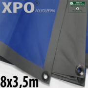 Lona 8,0 x 3,5m Loneiro Xtreme XPO Poliolefina Premium Industrial Azul Cinza Anti-Chamas Impermeável Ilhós soldado por Ultrassom a cada 50cm