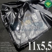 Lona: 11,0 x 5,5m Plástica Premium 500 Micras PP/PE Cobertura Proteção Cinza Chumbo e Preto com argolas "D" INOX a cada 50cm