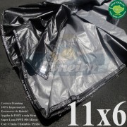 Lona: 11,0 x 6,0m Plástica Premium 500 Micras PP/PE Cobertura Proteção Cinza Chumbo e Preto com argolas "D" INOX a cada 50cm