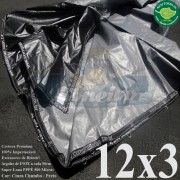 Lona: 12,0 x 3,0m Plástica Premium 500 Micras PP/PE Cobertura Proteção Cinza Chumbo e Preto com argolas "D" INOX a cada 50cm