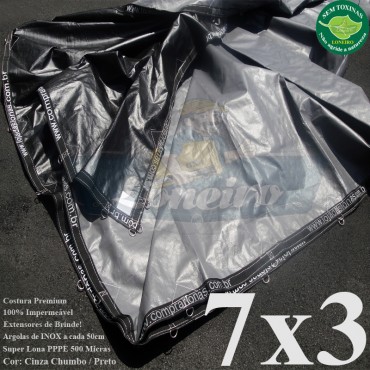 Lona 7,0 x 3,0m Plástica Premium 500 Micras PP/PE Cobertura Proteção Cinza Chumbo e Preto com argolas "D" INOX a cada 50cm