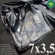 Lona 7,0 x 3,5m Plástica Premium 500 Micras PP/PE Cobertura Proteção Cinza Chumbo e Preto com argolas "D" INOX a cada 50cm