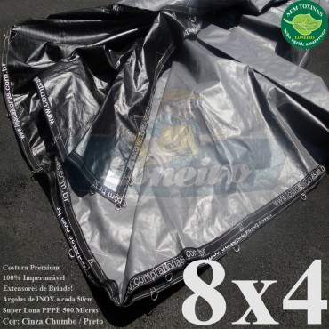 Lona 8,0 x 4,0m Plástica Premium 500 Micras PP/PE Cobertura Proteção Cinza Chumbo e Preto com argolas "D" INOX a cada 50cm