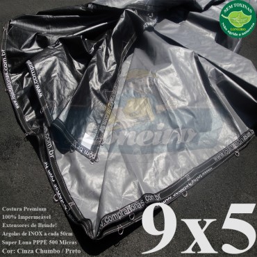 Lona 9,0 x 5,0m Plástica Premium 500 Micras PP/PE Cobertura Proteção Cinza Chumbo e Preto com argolas "D" INOX a cada 50cm