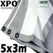 Lona 5,0 x 3,0m Loneiro Xtreme XPO Poliolefina Premium Industrial Branca Prata Anti-Chamas Impermeável Ilhós soldado por Ultrassom a cada 50cm