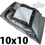Lona 10x10 pppe 500 micra branca prata acabamento cinza argolas D inox cinta preta reforço reforçada durabilidade alta resistente loneiro