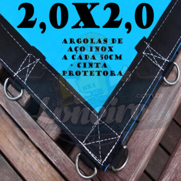 Lona 2,0 x 2,0m Azul 350 Micras com Argolas "D" Inox a cada 50cm e cinta de reforço na bainha