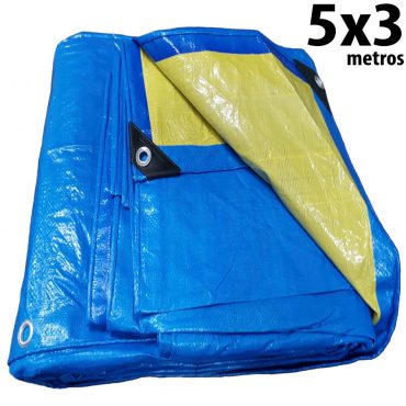 Lona 5,0 x 3,0m Azul e Amarela 150 Micra + ilhos e cantoneiras para cobertura proteção capa básica de polietileno impermeável com duas cores