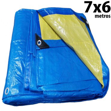 Lona 7,0 x 6,0m Azul e Amarela 150 Micra + ilhos e cantoneiras para cobertura proteção capa básica de polietileno impermeável com duas cores