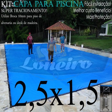 Capa para Piscina Super 2,5 x 1,5m PP/PE Azul-Cinza Lona Térmica Premium +28m+28p+1b