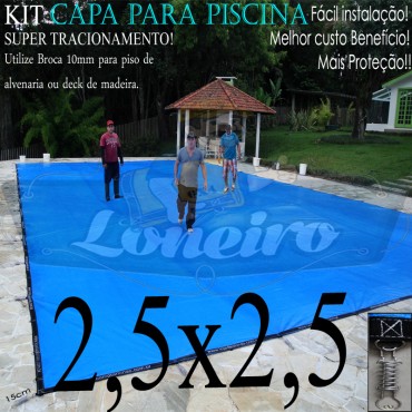 Capa para Piscina Super 2,5 x 2,5m Azul/Cinza PP/PE Lona Térmica Premium +32m+32p+1b