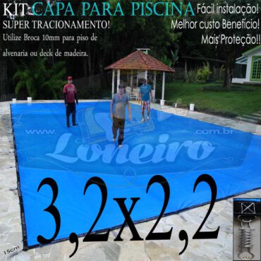 Capa para Piscina Super 3,2 x 2,2m Azul/Cinza PP/PE Lona Térmica Premium Proteção Segurança Crianças Animais Pessoas +34m+34p+1b