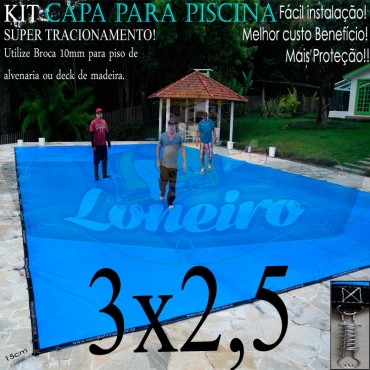 Capa para Piscina Super 3,0 x 2,5m Azul/Cinza PP/PE Lona Térmica Premium +34m+34p+1b