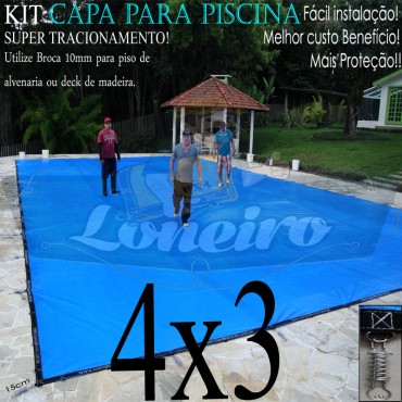 Capa para Piscina Super 4,0 x 3,0m Azul/Cinza PP/PE Lona Térmica Premium +40m+40p+1b