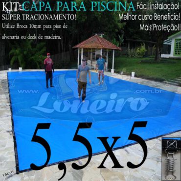 Capa para Piscina Super 5,5 x 5,0m Azul/Cinza PP/PE Lona Térmica Premium de Proteção e Segurança +54m+54p+2b
