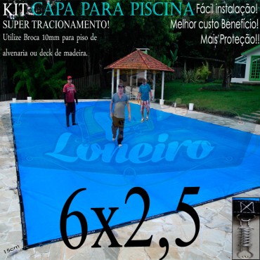 Capa para Piscina Super 6,0 x 2,5m Azul/Cinza Chumbo PP/PE Lona Térmica Premium +46m+46p+2b