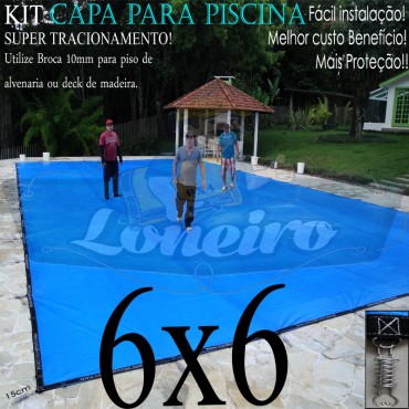 Capa para Piscina Super 6,0 x 6,0m Azul/Cinza PP/PE Lona Térmica Premium +60m+60p+3b