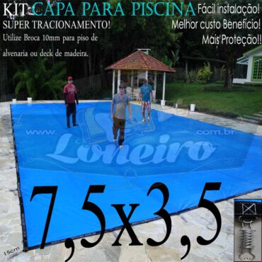 Capa para Piscina Super 7,5 x 3,5m Azul/Cinza PP/PE Lona Térmica Premium de Proteção Segurança Crianças Animais Pessoas +56m+56p+3b