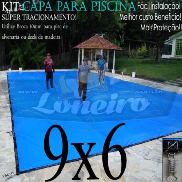 Capa para Piscina Super 9,0 x 6,0m Azul/Cinza PP/PE Lona Térmica Premium Proteção e Segurança +72m+72p+4b