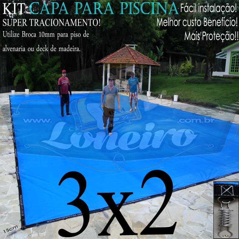 Capa para Piscina Super 3,0 x 2,0m Azul/Cinza PP/PE Lona Térmica Premium +32m+32p+1b
