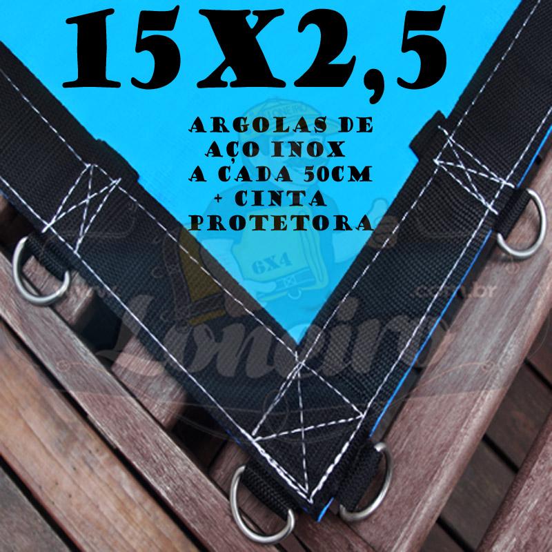 Lona: 15,0 x 2,5m Azul 350 Micras Impermeável com Argolas "D" INOX a cada 50cm e cinta de reforço