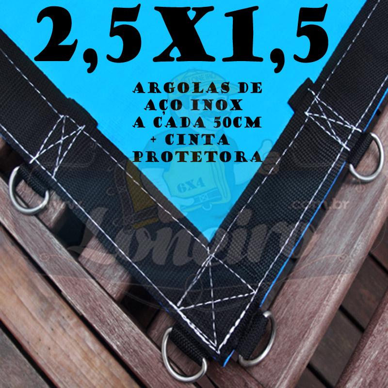 Lona 2,5 x 1,5m Azul 350 Micras com Argolas "D" Inox a cada 50cm e cinta de reforço na bainha