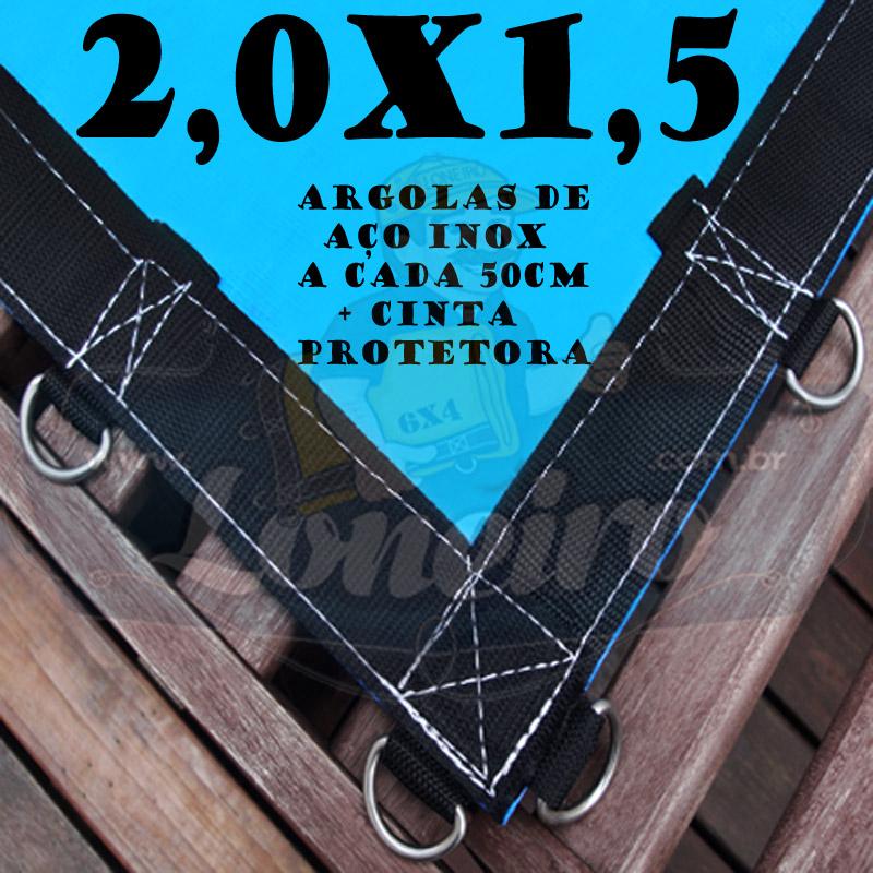 Lona 2,0 x 1,5m Azul 350 Micras com Argolas "D" Inox a cada 50cm e cinta de reforço na bainha