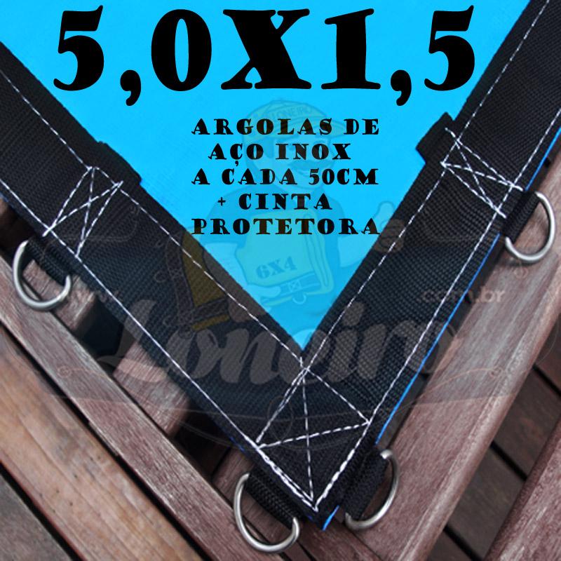 Lona 5,0 x 1,5m Azul 350 Micras com argolas "D" INOX a cada 50cm + cinta reforçada