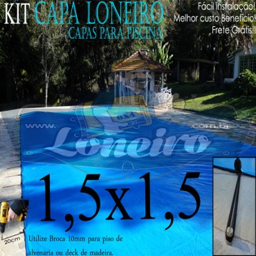 Capa de Piscina 1,5 x 1,5m Azul 350 Micras + 8 el 20cm e 8 pino bucha latão