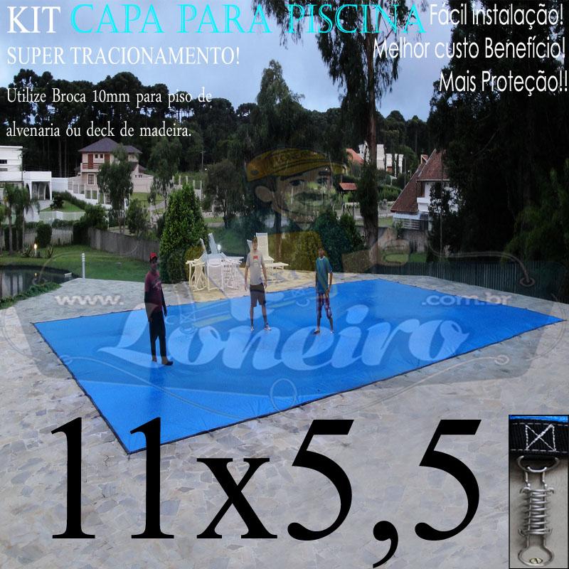 Capa para Piscina Super: 11,0 x 5,5m PE/PE Azul - Cinza Lona Térmica Segurança Cobertura Premium +78m+78p+5b