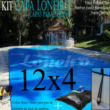 Capa de Piscina: 12,0 x 4,0m Azul 300 Micras + 32el 20cm , 32 pinos e 4 bóias para escoamento d