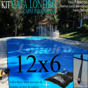 Capa de Piscina: 12,0 x 6,0m Azul 300 Micras + 36el 20cm , 36 pinos e 6 bóias para escoamento d