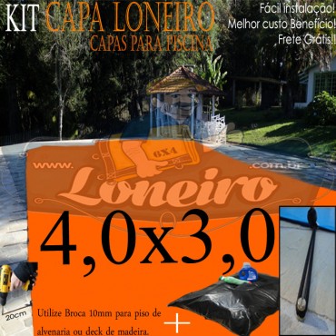 Capa de Piscina 4,0 x 3,0m La / Br 250 Micras + 16 el 20cm , 16 pinos e 1 bóia