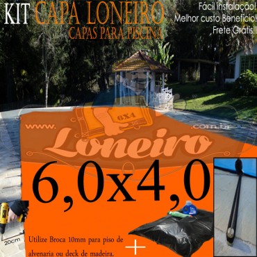 Capa de Piscina 6,0 x 4,0m Laranja 250 Micras + 20 el 20cm , 20 pinos e 2 bóias para escoamento d’ água da chuva