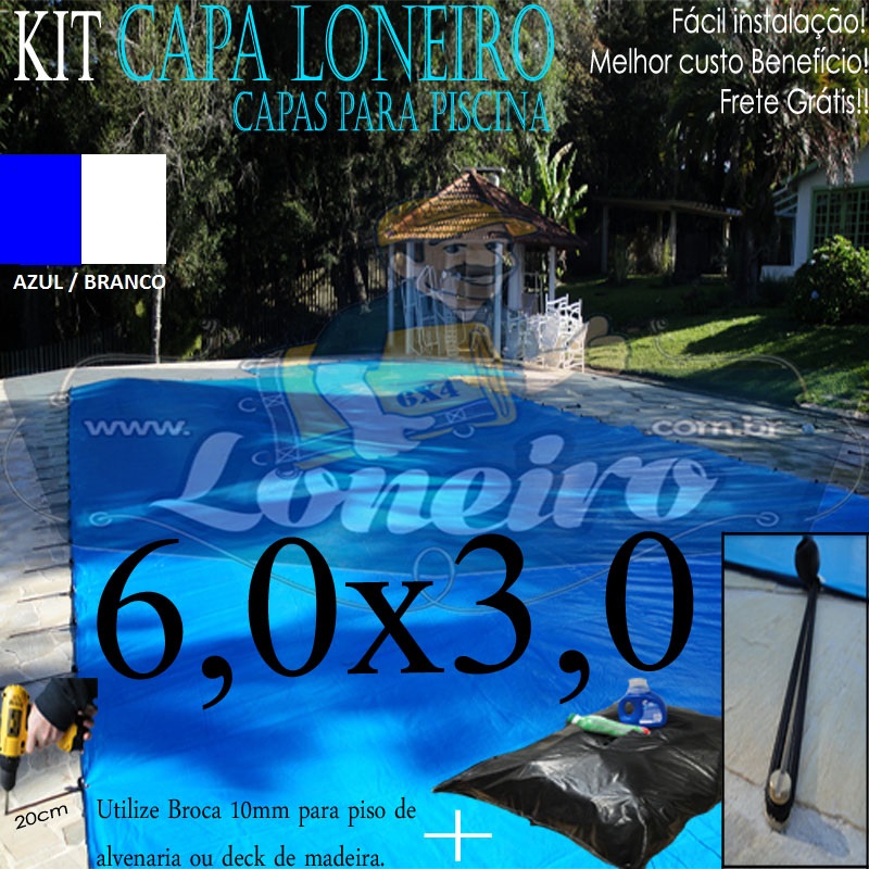 CAPA DE PISCINA 6x3 AZUL BRANCO 100KG COM ELÁSTICO