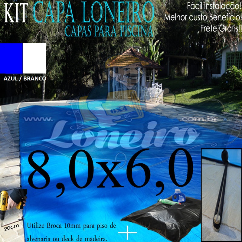 CAPA DE PISCINA 8X6 AZUL BRANCO 100KG COM ELÁSTICO