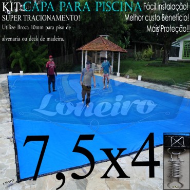 Capa para Piscina Super 7,5 x 4,0m Poliolefina XPO Azul/Cinza Lona Térmica de Proteção e Segurança Crianças Animais +58m+58p+3b