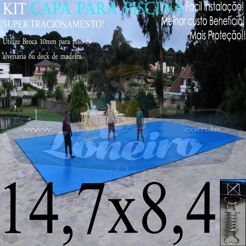 Capa para Piscina Super: 14,7 x 8,4m PP/PE Azul/Cinza Lona Térmica de Cobertura e Segurança +105m+105p+10b
