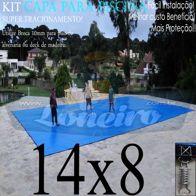 Capa para Piscina Super: 14,0 x 8,0m PP/PE Azul/Cinza Lona Térmica de Cobertura e Segurança +100m+100p+10b